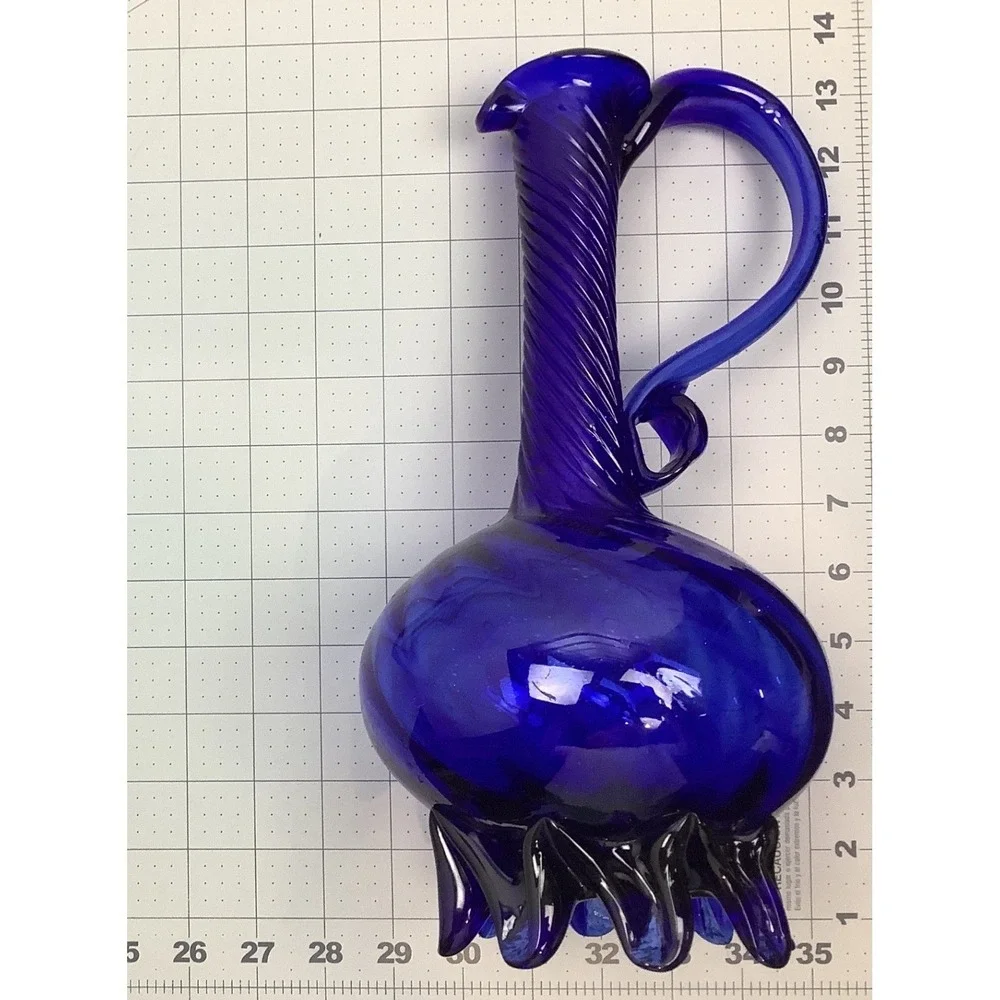 Vintage MCM Empoli Italy Cobalt Blue Art Glass Ewer Optic Swirl Rigaree Base Lg